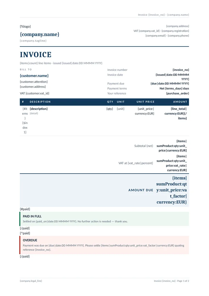 The invoice template in Word: placeholders for the company, the customer, a {#items} row loop in the line-item table, sumProduct totals and the PAID / OVERDUE sections